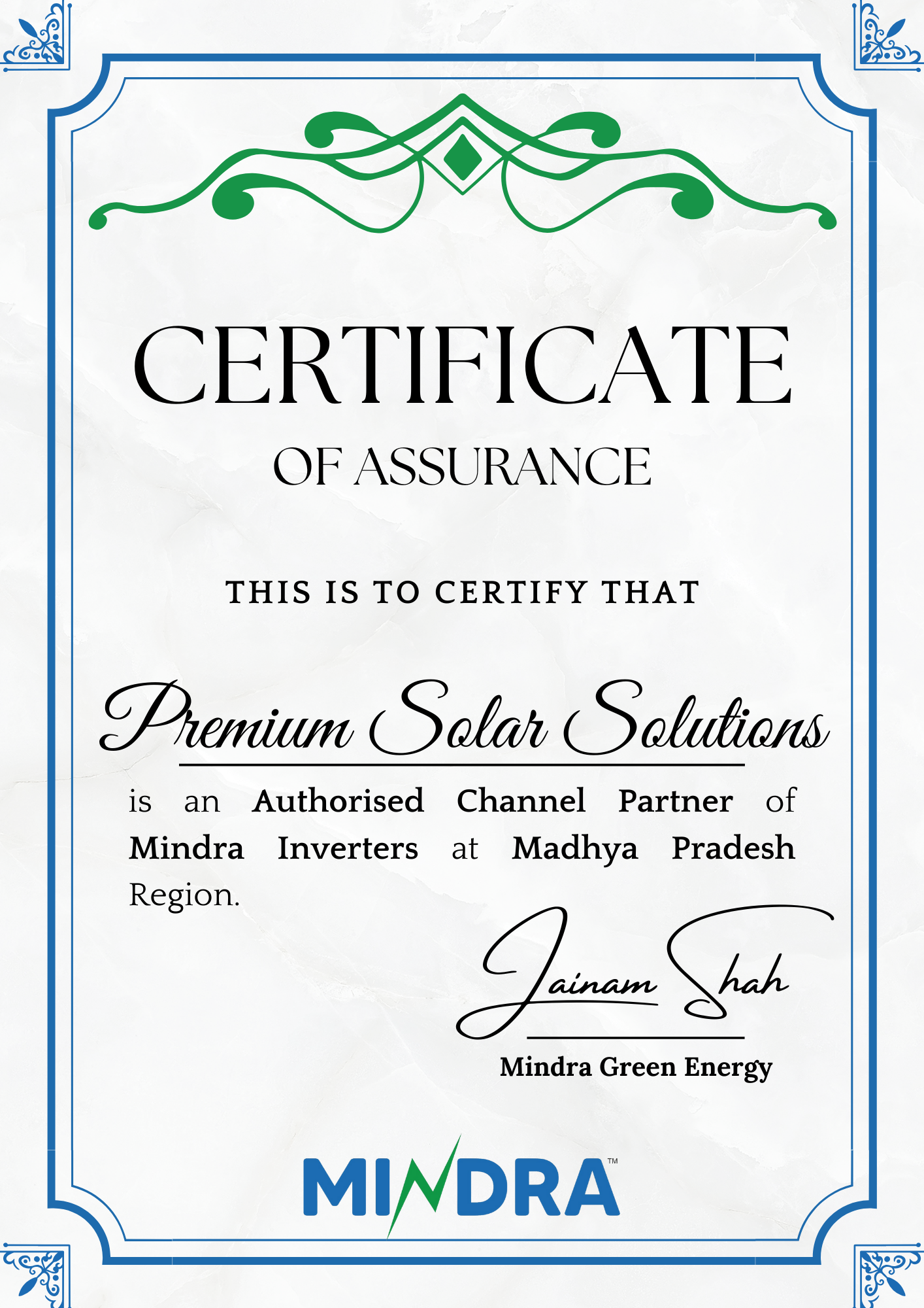 Mindra Solar Certificate